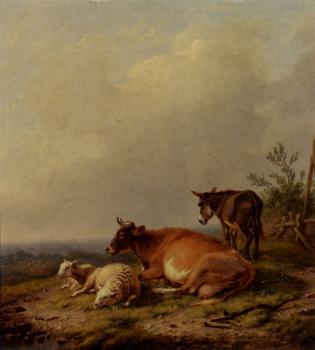 Eugene Joseph Verboeckhoven : A Cow A Sheep And A Donkey